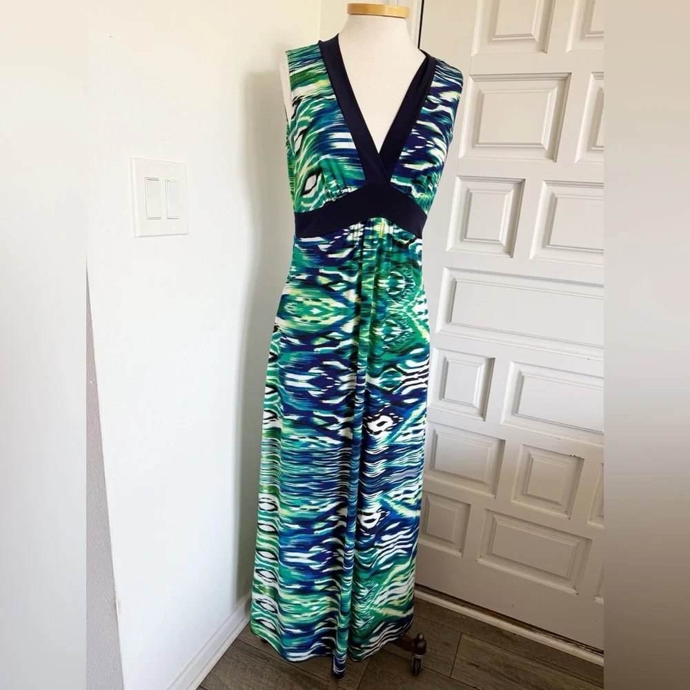Enfocus Studio Maxi Dress Vibrant Green Blue White V-Neck Sleeveless Size 10